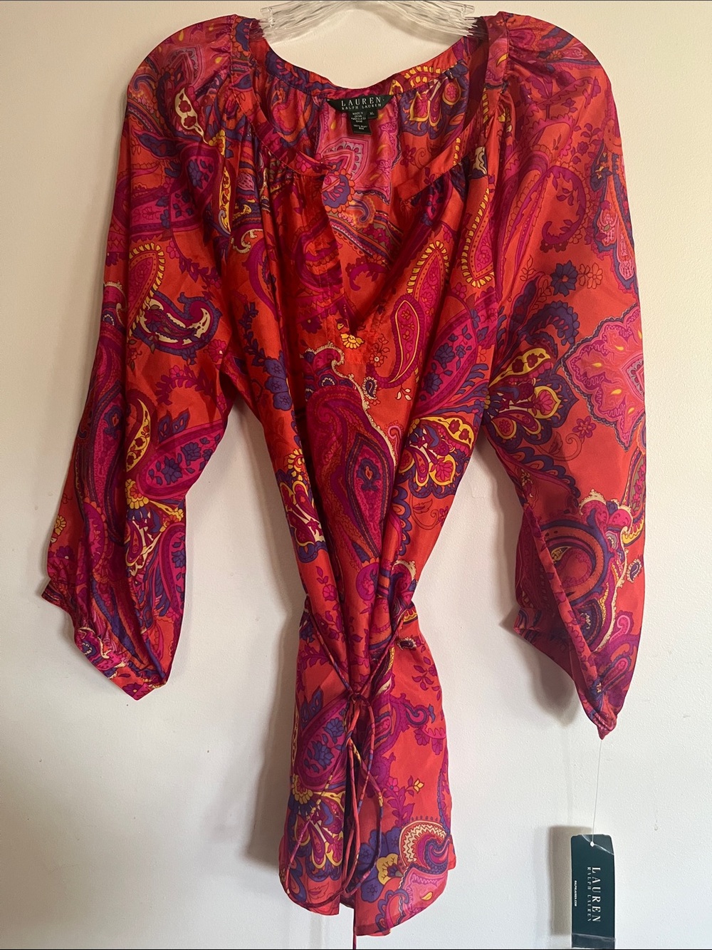 Lauren Ralph Lauren Red and Pink Paisley Tie-Front Blouse